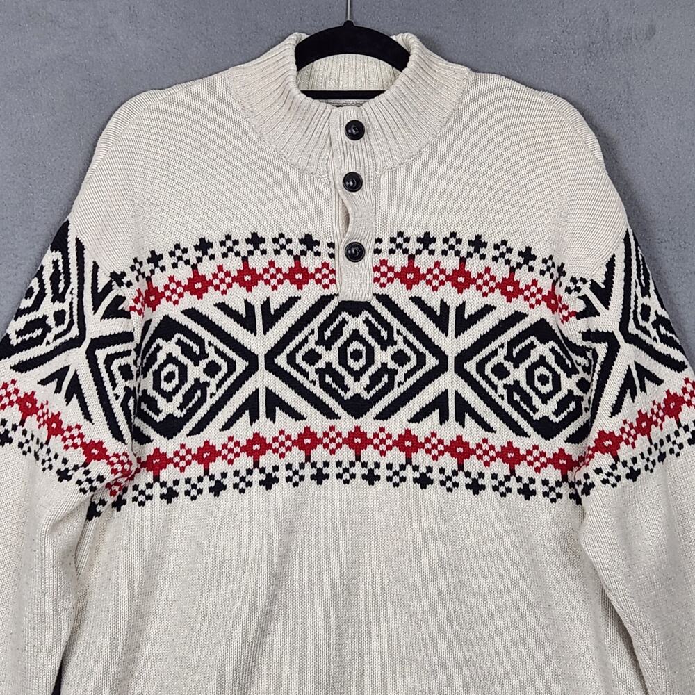 CHAPS Sweater Mens XXL Cream Fair Isle Henley Comfy Pullover Long Sleeve